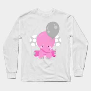 Elephant With Balloon, Pink Elephant, Cute Animal Long Sleeve T-Shirt